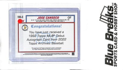 2022 Topps Archives - 1992 MLB Debut - Jose Canseco - auto - #72DB-JC - baseball - Athletics