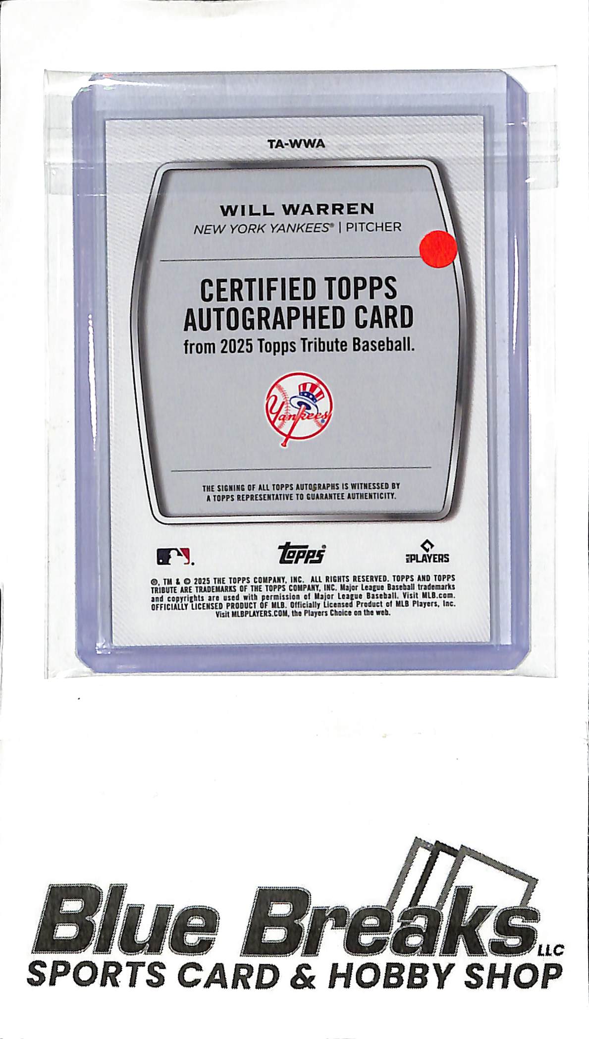 2025 Topps Tribute - Will Warren Auto RC - Green 55/99 TA-WWA - Baseball - Yankees
