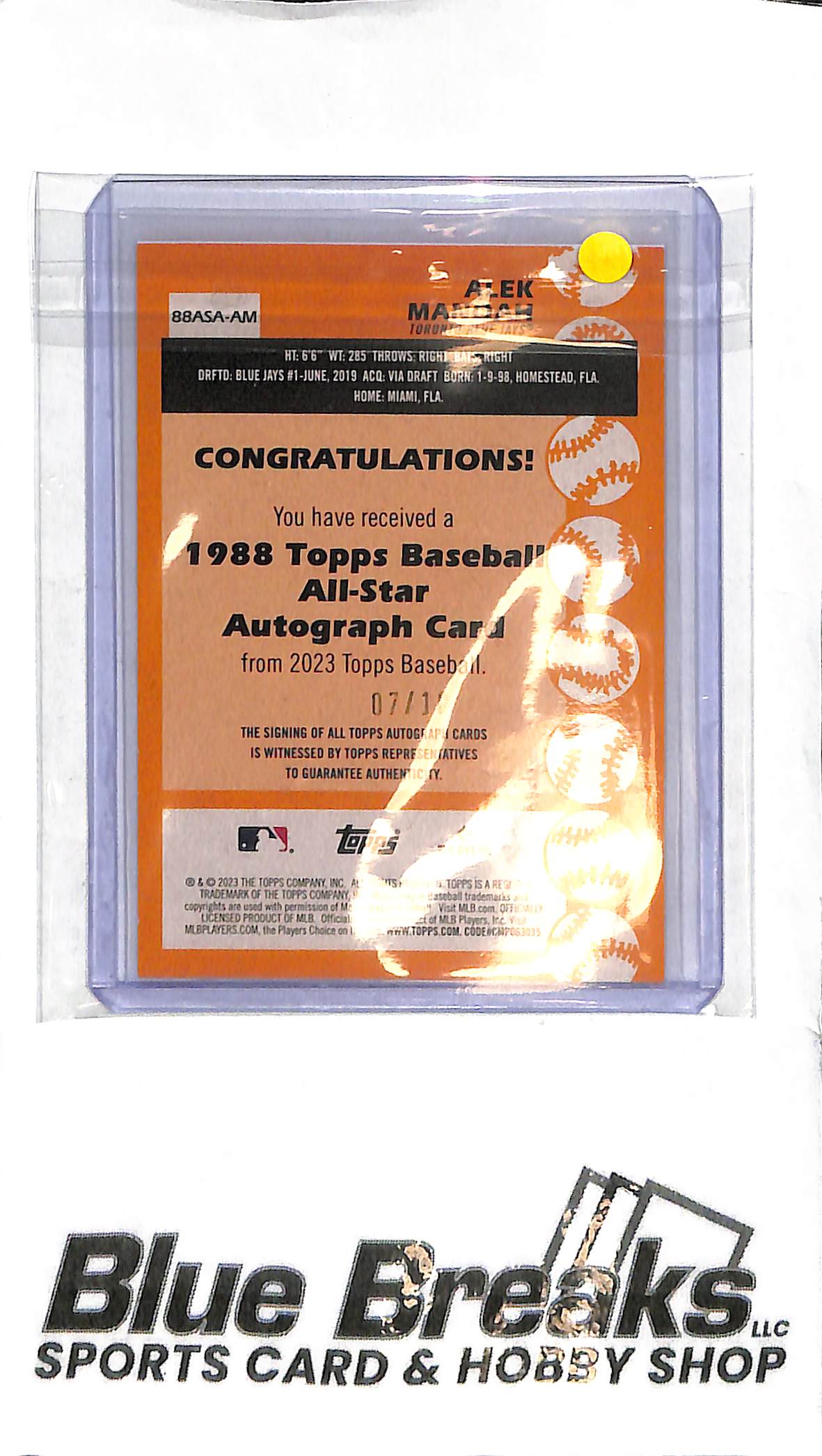 2023 Topps - Alek Manoah Auto - 88ASA-AM 07/10 - 35th Anniversary - Baseball - Blue Jays