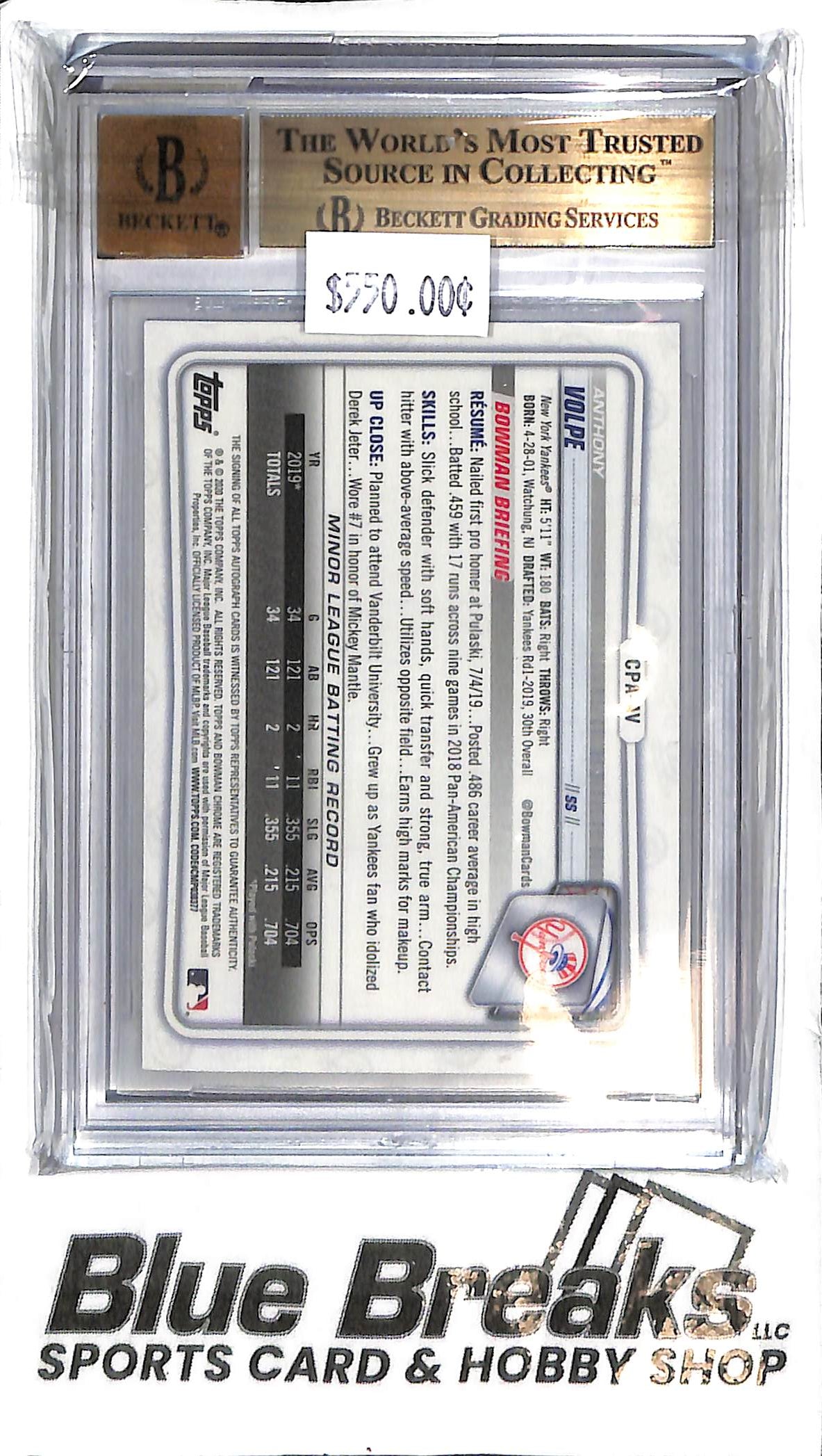 2020 Bowman - Anthony Volpe 1st Auto - Purple 015/250 - BGS 9.5 - Baseball - Yankees