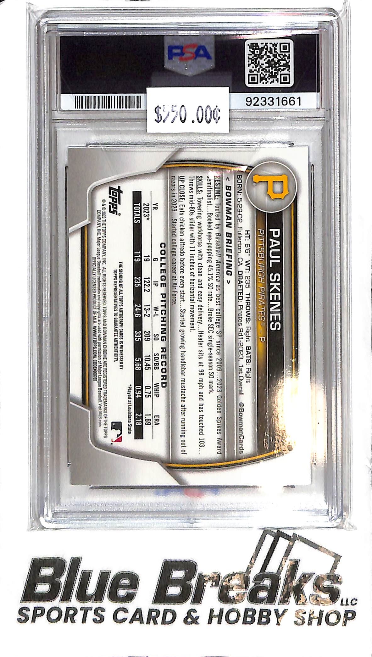 2023 Bowman Draft - Paul Skenes 1st Bowman Auto - CDA-PS - PSA 9 - Baseball - Pirates