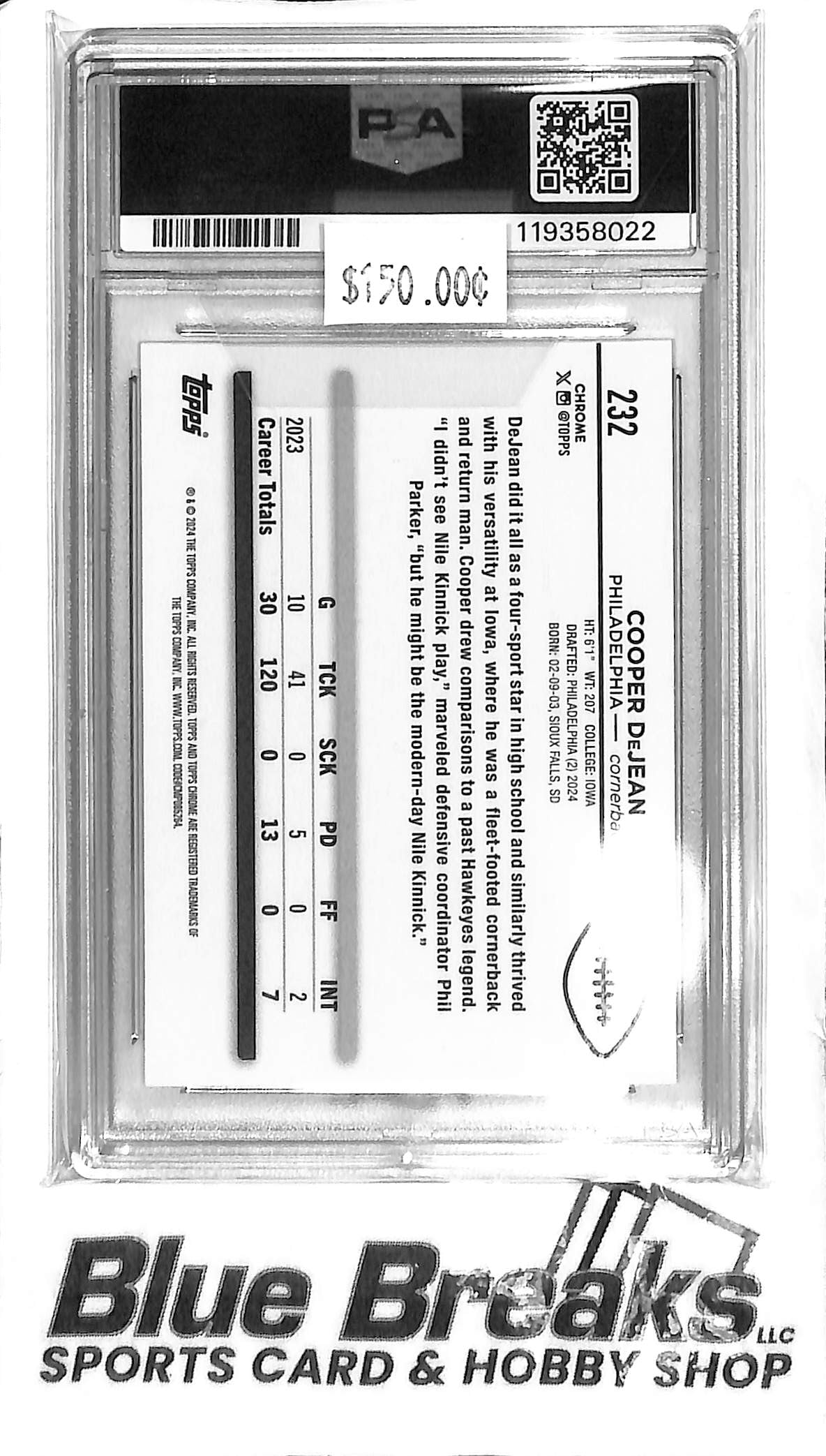 2024 Topps Chrome - Cooper DeJean #232 - White Geometric 03/15 - PSA 10 - RC - Football - Eagles