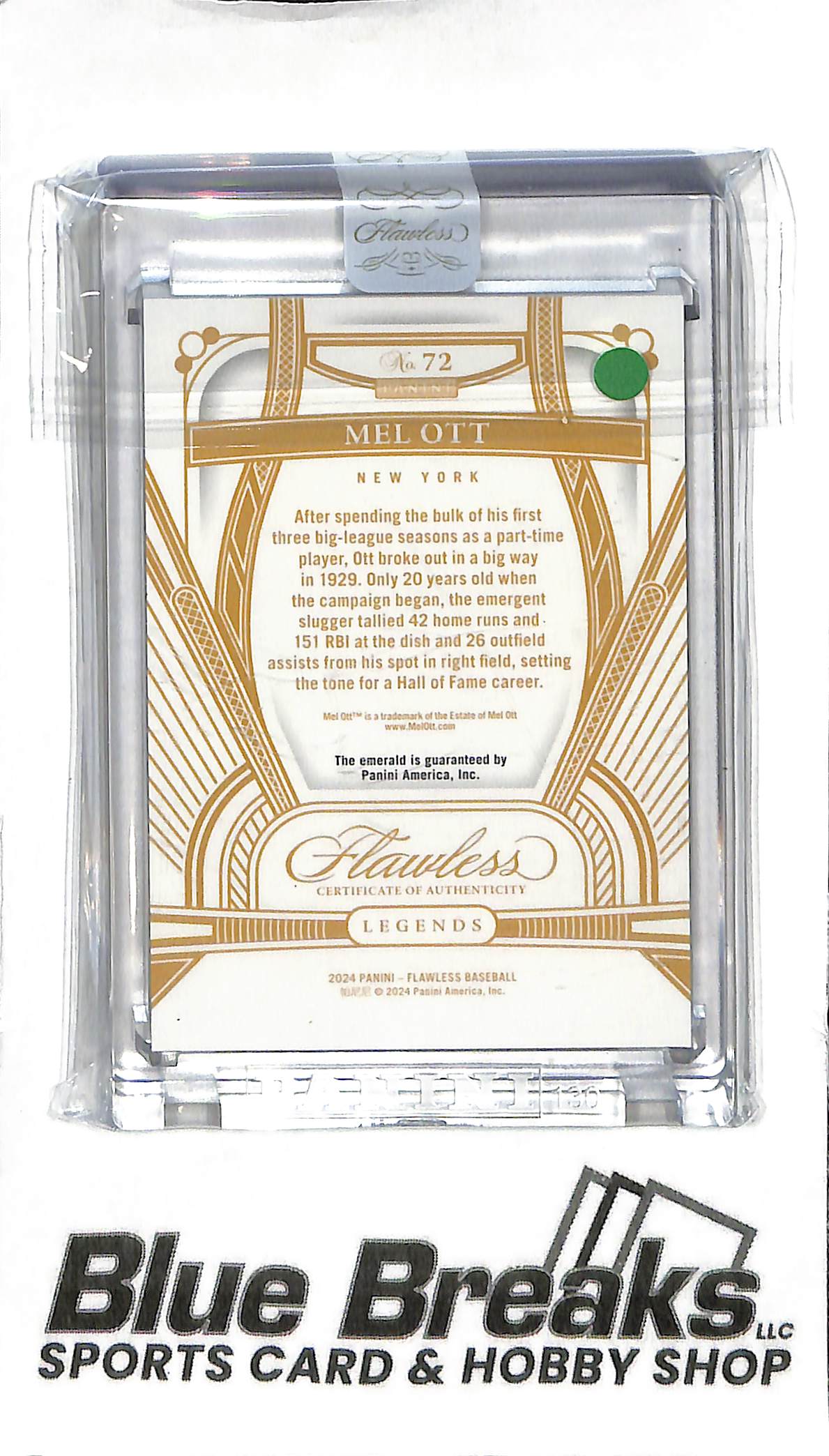 2024 Flawless - Mel Ott #72 - Emerald 2/5 - Baseball - New York