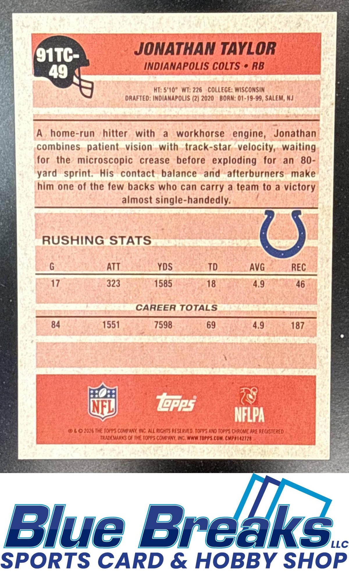 2026 Topps Jonathan Taylor #91TC-49 1991 Chrome Purple Mojo Refractor 58/75 Indianapolis Colts