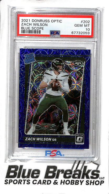 2021 Panini - Donruss Optic - Blue Scope - Rated Rookie - Zach Wilson - #202 - PSA 10 - football - Jets/Dolphins