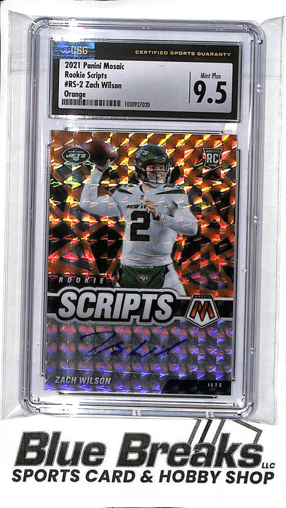 2021 Panini - Mosaic - orange - Rookie Scripts - Zach Wilson - RC - #RS-2 - CGC 9.5 - football - Jets/Dolphins