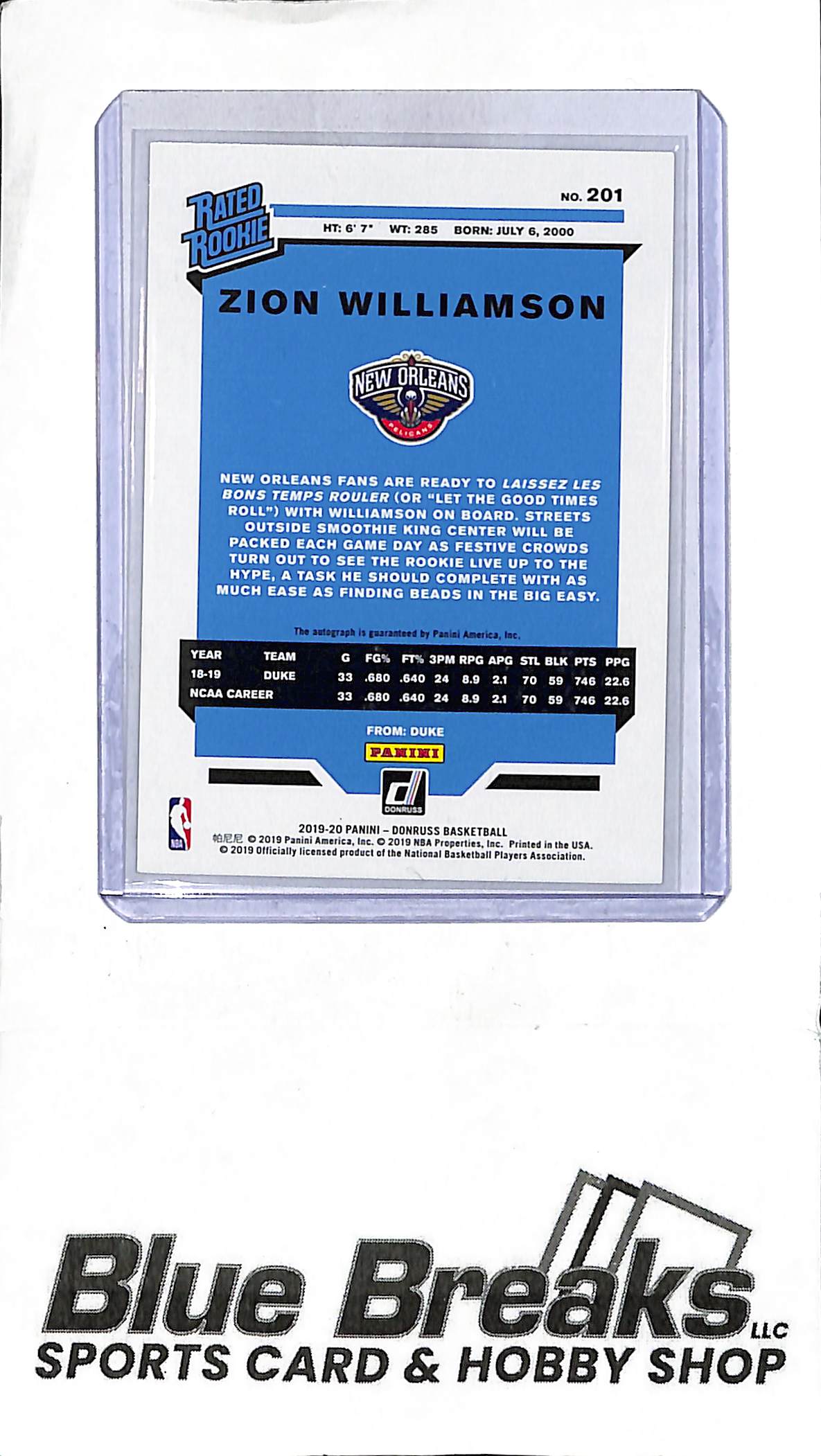 2019-20 Panini - Donruss - orange laser - Rated Rookie - Zion Williamson - auto - #201 - basketball - Pelicans