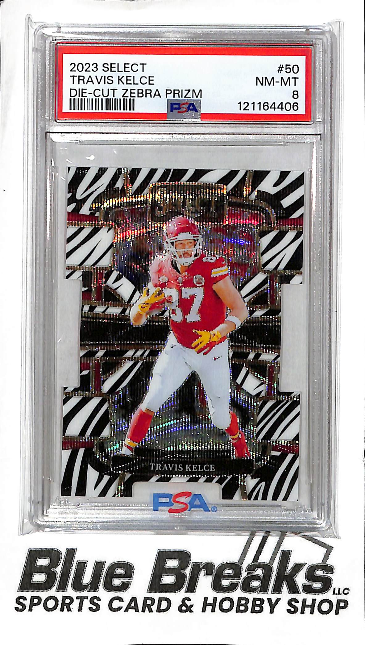 2023 Panini - Select - Die-Cut Zebra Prizm - Travis Kelce - #50 - PSA 8 - football - Chiefs