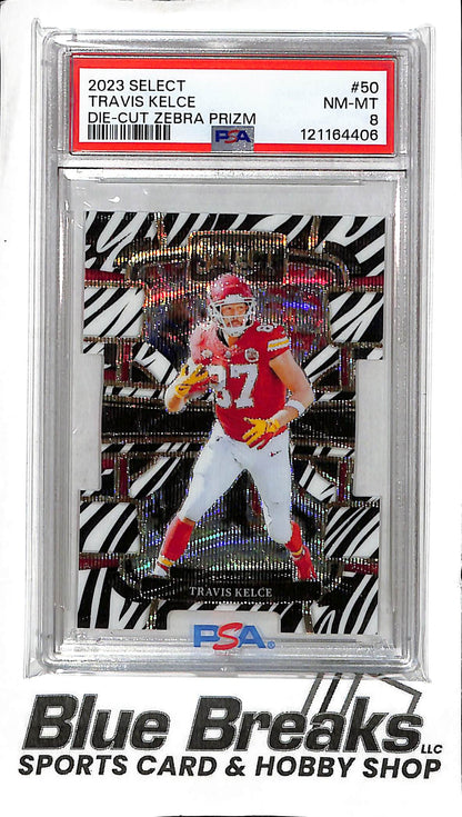 2023 Panini - Select - Die-Cut Zebra Prizm - Travis Kelce - #50 - PSA 8 - football - Chiefs