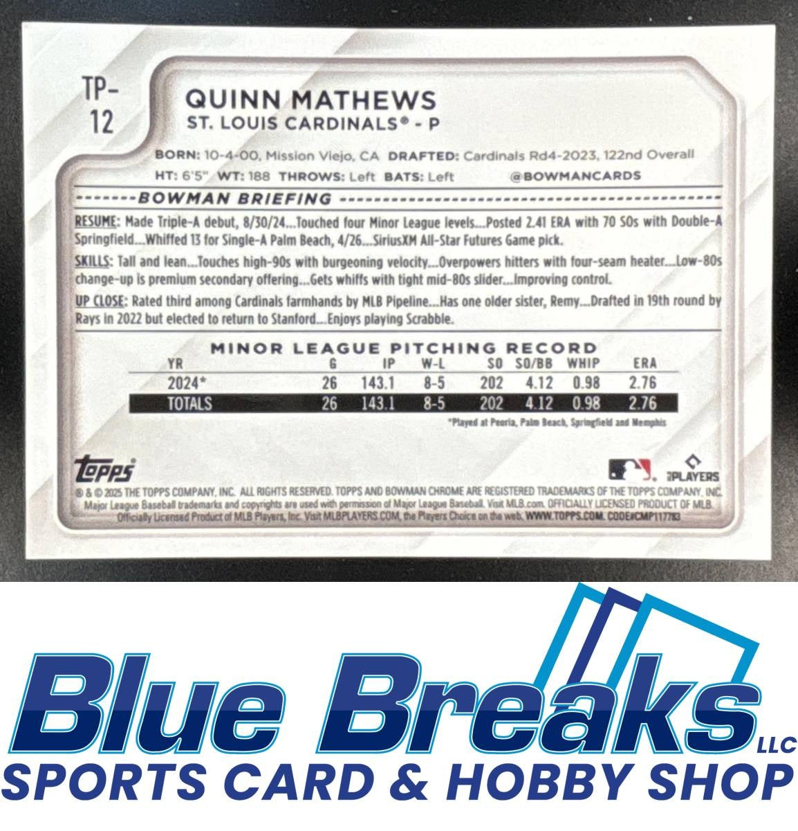 2025 Topps NSCC Silver Pack Wrapper Redemption - MLB Quinn Mathews #TP-12 Bowman Prospects Gold 25/50 St. Louis Cardinals