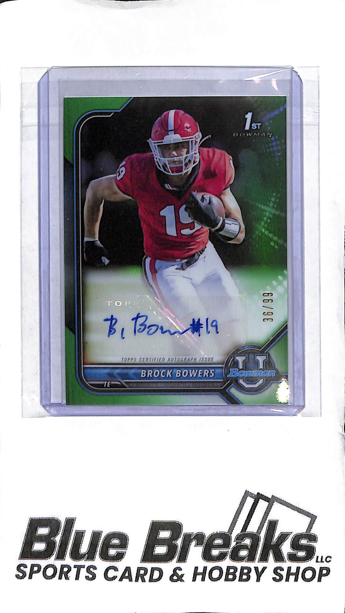 Brock Bowers BCPA-BB - 2022 Bowman U - 1st Bowman Auto Green 36/99 - Football - Raiders