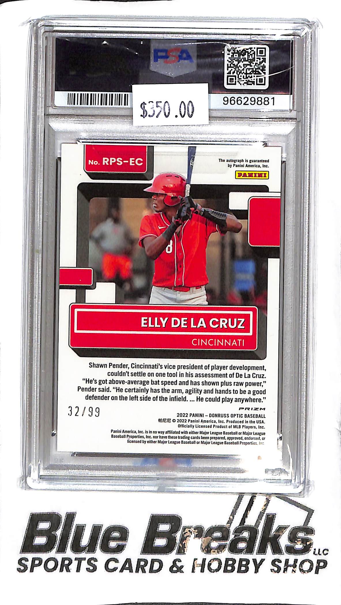 Elly De La Cruz RPS-EC - 2022 Optic - Prospect Auto 32/99 - PSA 9 Auto 10 - Baseball - Reds