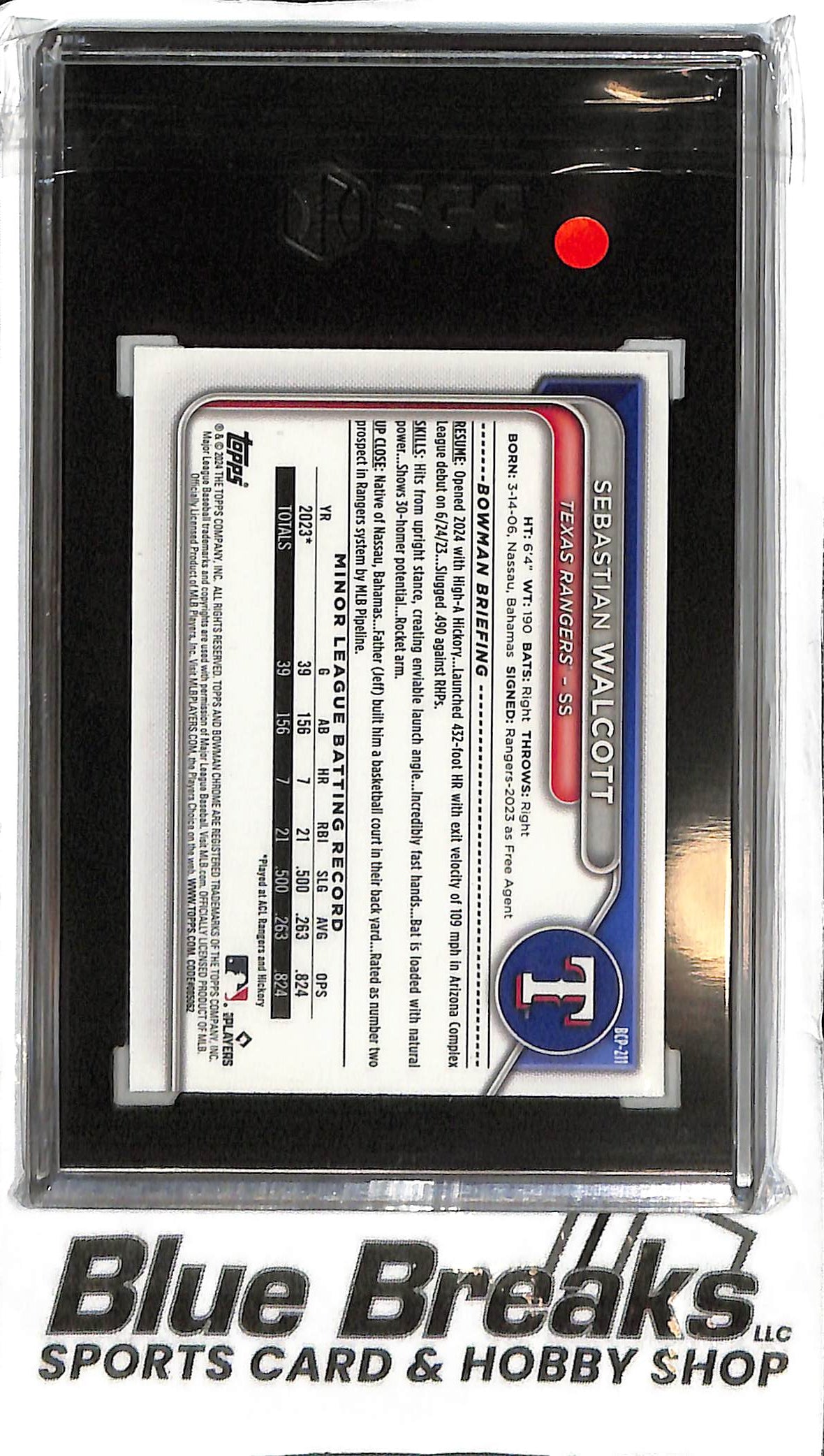 Sebastian Walcott BCP-211 - 2024 Bowman Chrome - Shimmer Refractor - SGC 10 - Baseball - Rangers