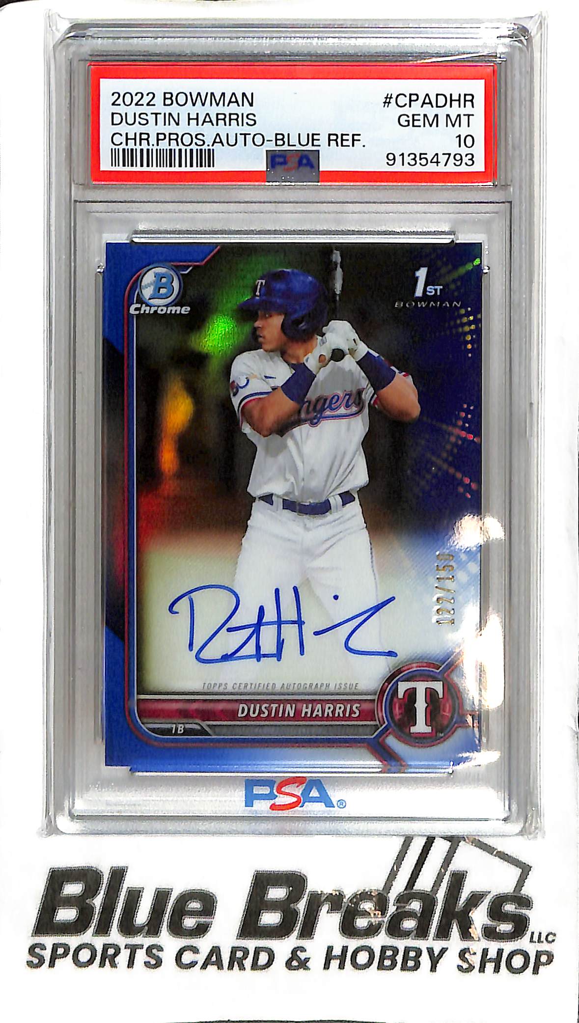 Dustin Harris CPA-DHR - 2022 Bowman - 1st Auto Blue 122/150 - PSA 10 - Baseball - Rangers
