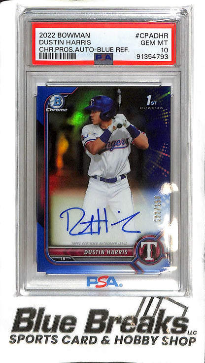 Dustin Harris CPA-DHR - 2022 Bowman - 1st Auto Blue 122/150 - PSA 10 - Baseball - Rangers