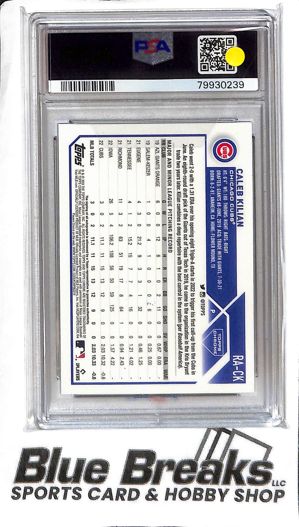 Caleb Kilian RA-CK - 2023 Topps Chrome - RC Auto - Purple 212/250 - PSA 9 - Baseball - Cubs