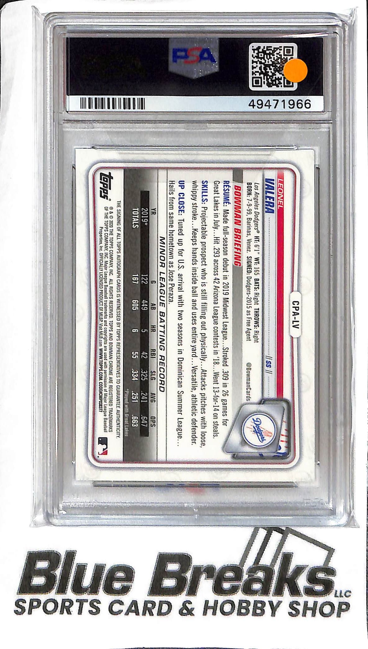 Leonel Valera CPA-LV - 2020 Bowman Chrome - 1st Auto - Speckle 169/299 - PSA 9 - Baseball - Dodgers