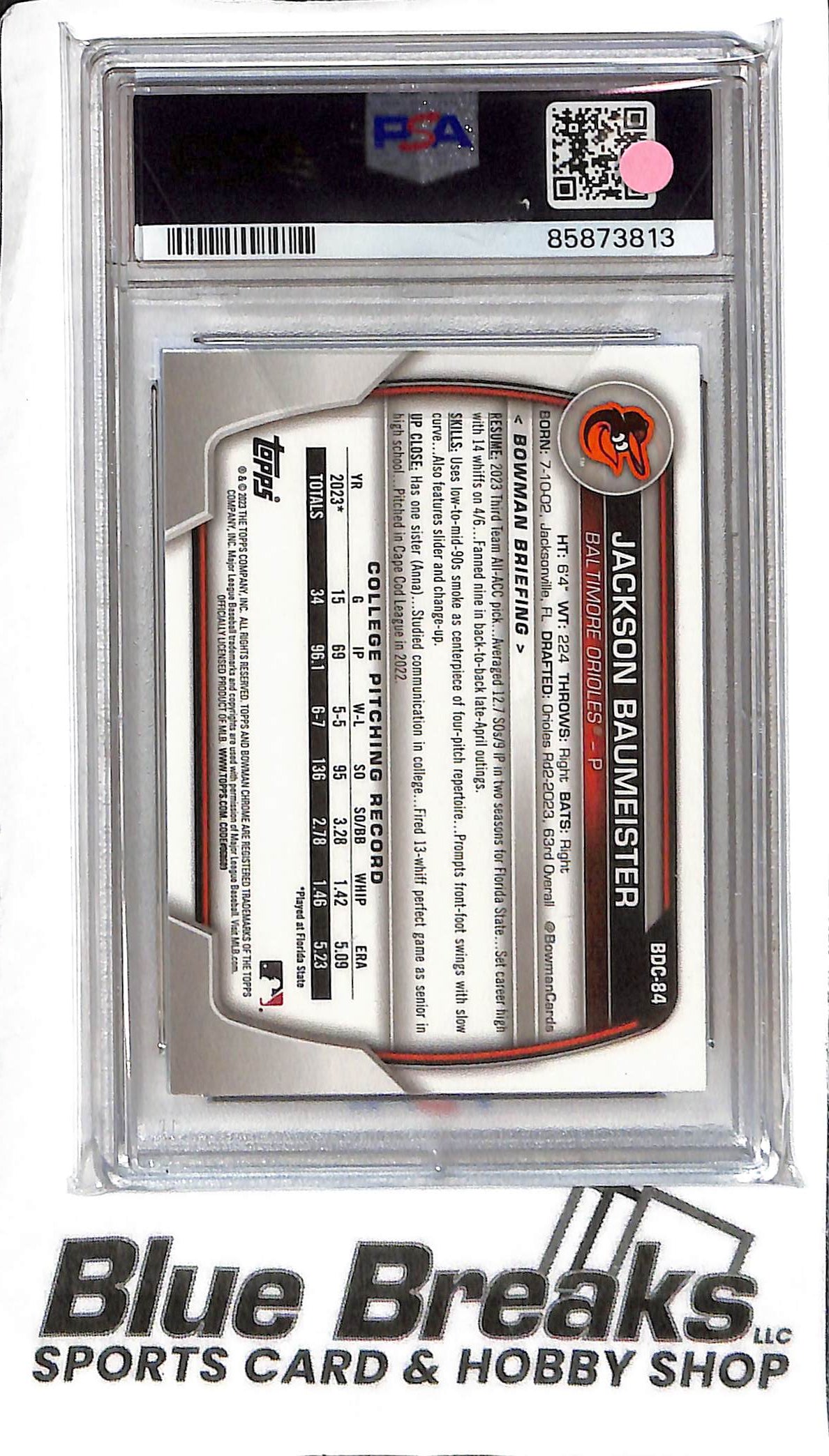 Jackson Baumeister BDC-84 - 2023 Bowman Draft - 1st Blue 045/150 - PSA 8 - Baseball - Orioles