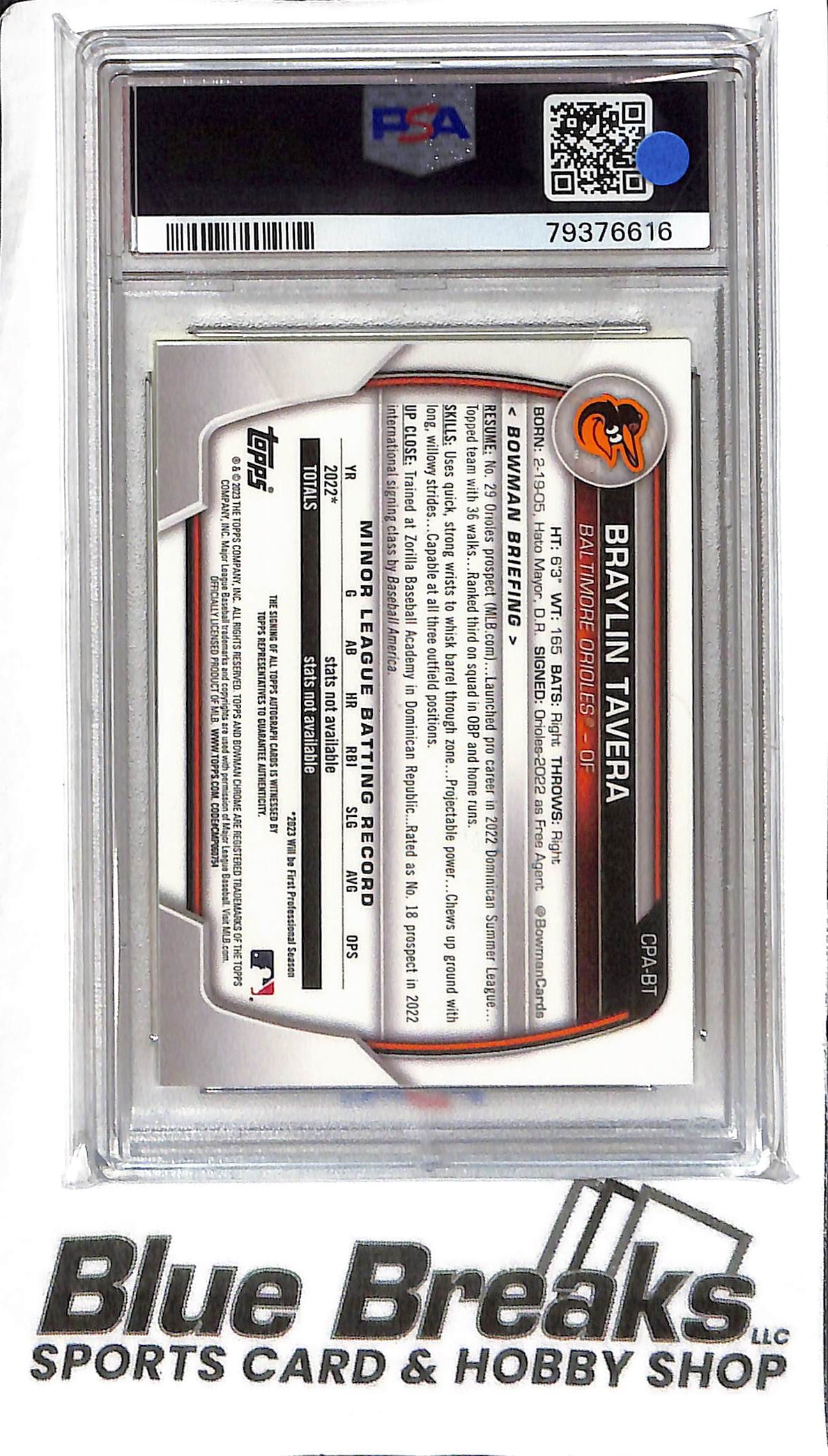 Braylin Tavera CPA-BT - 2023 Bowman - 1st Auto - Yellow 16/75 - PSA 10 - Baseball - Orioles