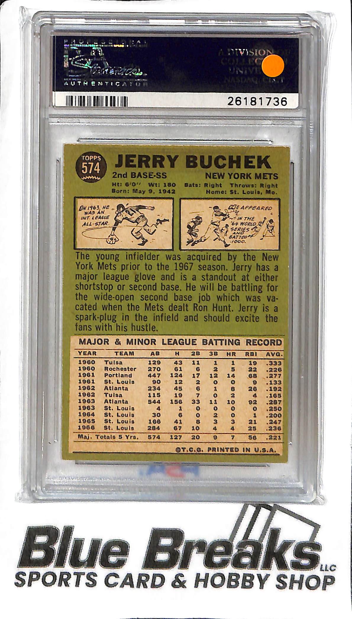 Jerry Buchek #574 - 1967 Topps - PSA 3 - Baseball - Mets