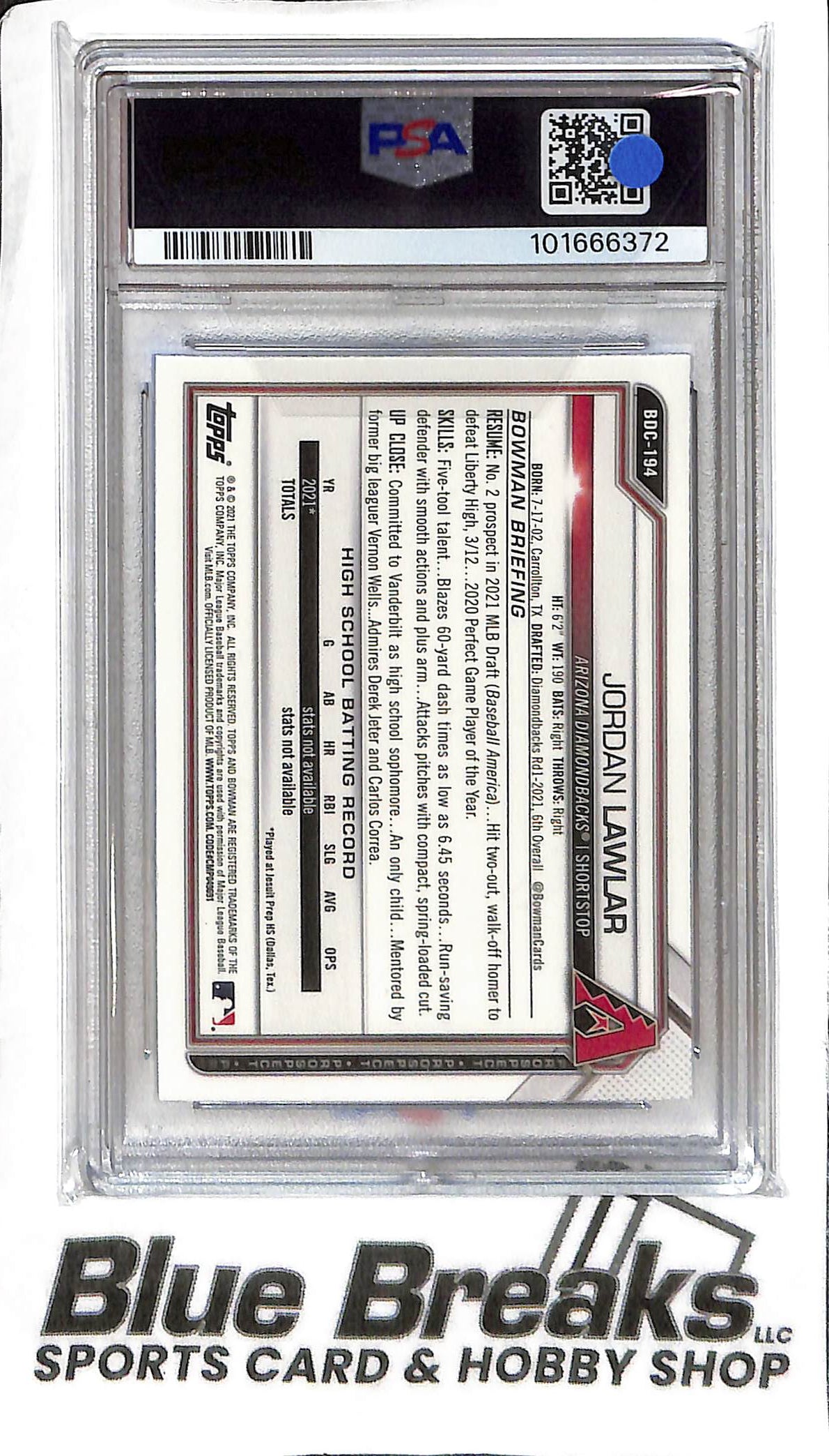 Jordan Lawler BDC-194 - 2021 Bowman Draft - 1st Bowman Sapphire - PSA 10 - Baseball - Diamondbacks