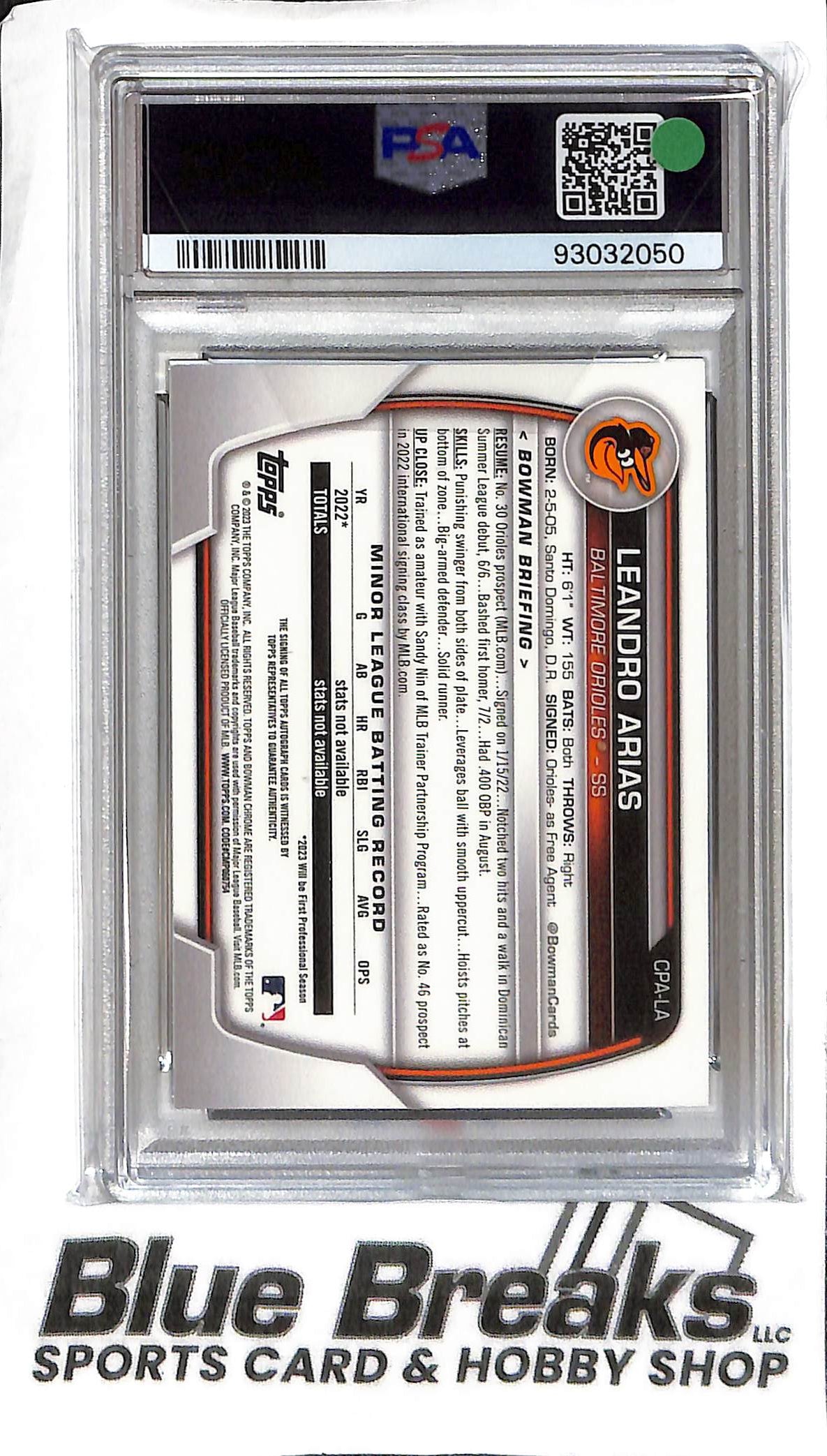 Leandro Arias CPA-LA - 2023 Bowman - 1st Auto Gold Shimmer 12/50 - PSA 9 - Baseball - Orioles