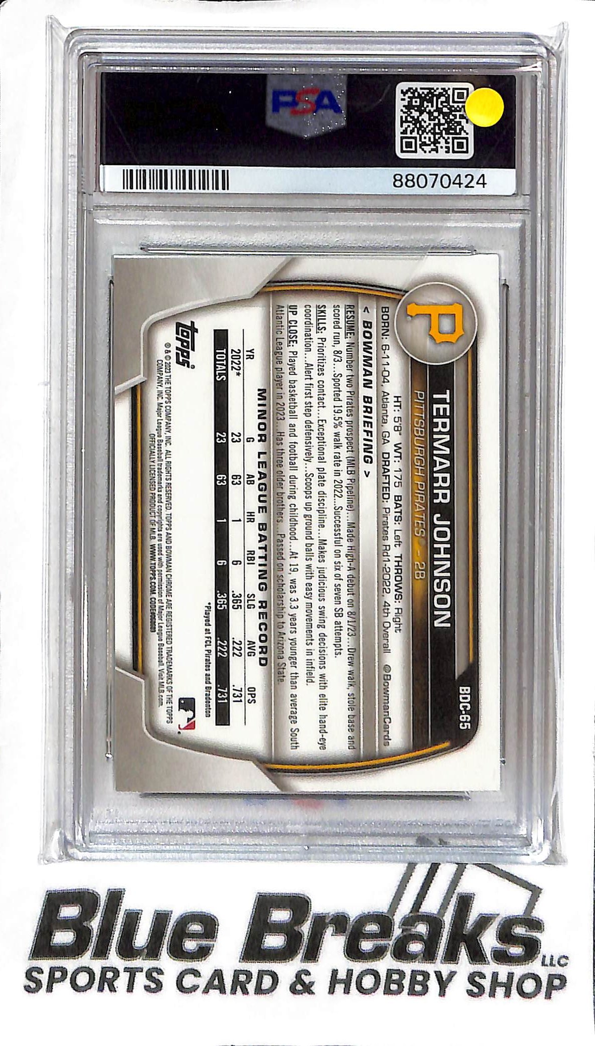 Termarr Johnson BDC-65 - 2023 Bowman Draft - Green Grass 18/99 - PSA 9 - Baseball - Pirates
