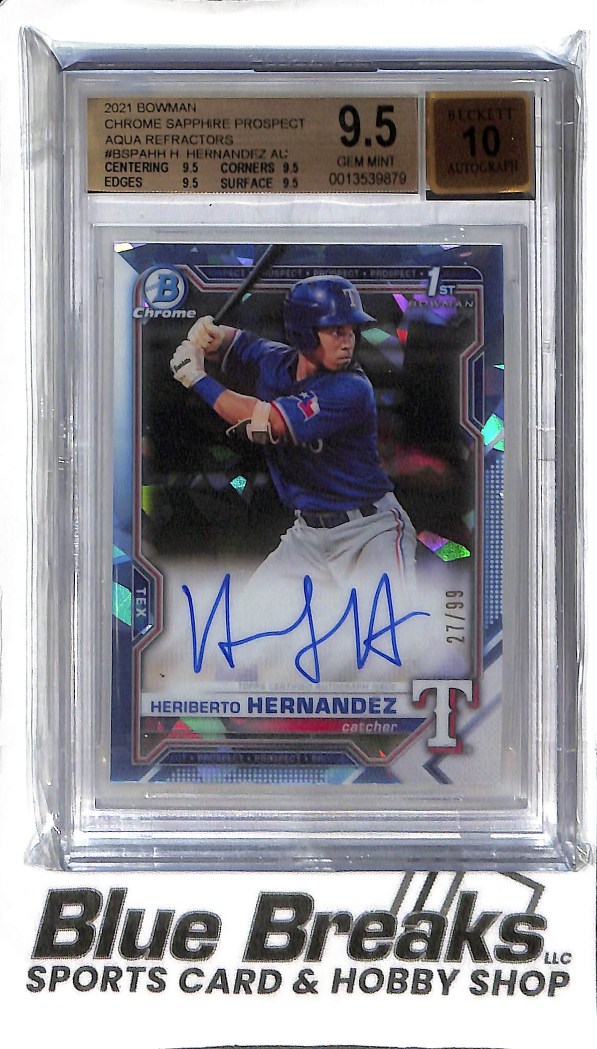 Heriberto Hernandez BSPA-HH - 2021 Bowman Sapphire - 1st Auto Aqua 27/99 - BGS 9.5 - Baseball - Rangers