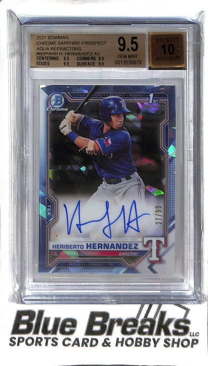 Heriberto Hernandez BSPA-HH - 2021 Bowman Sapphire - 1st Auto Aqua 27/99 - BGS 9.5 - Baseball - Rangers