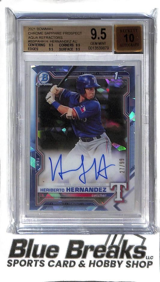 Heriberto Hernandez BSPA-HH - 2021 Bowman Sapphire - 1st Auto Aqua 27/99 - BGS 9.5 - Baseball - Rangers