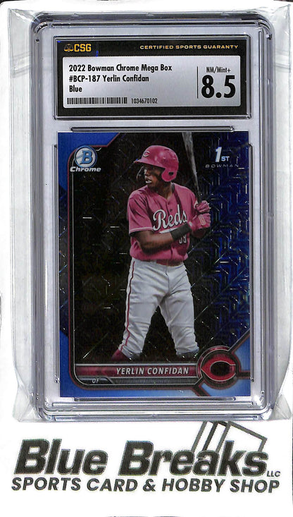 Yerlin Confidan BCP-187 - 2022 Bowman Chrome Mega - 1st Bowman Blue 111/150 - CSG 8.5 - Baseball - Reds