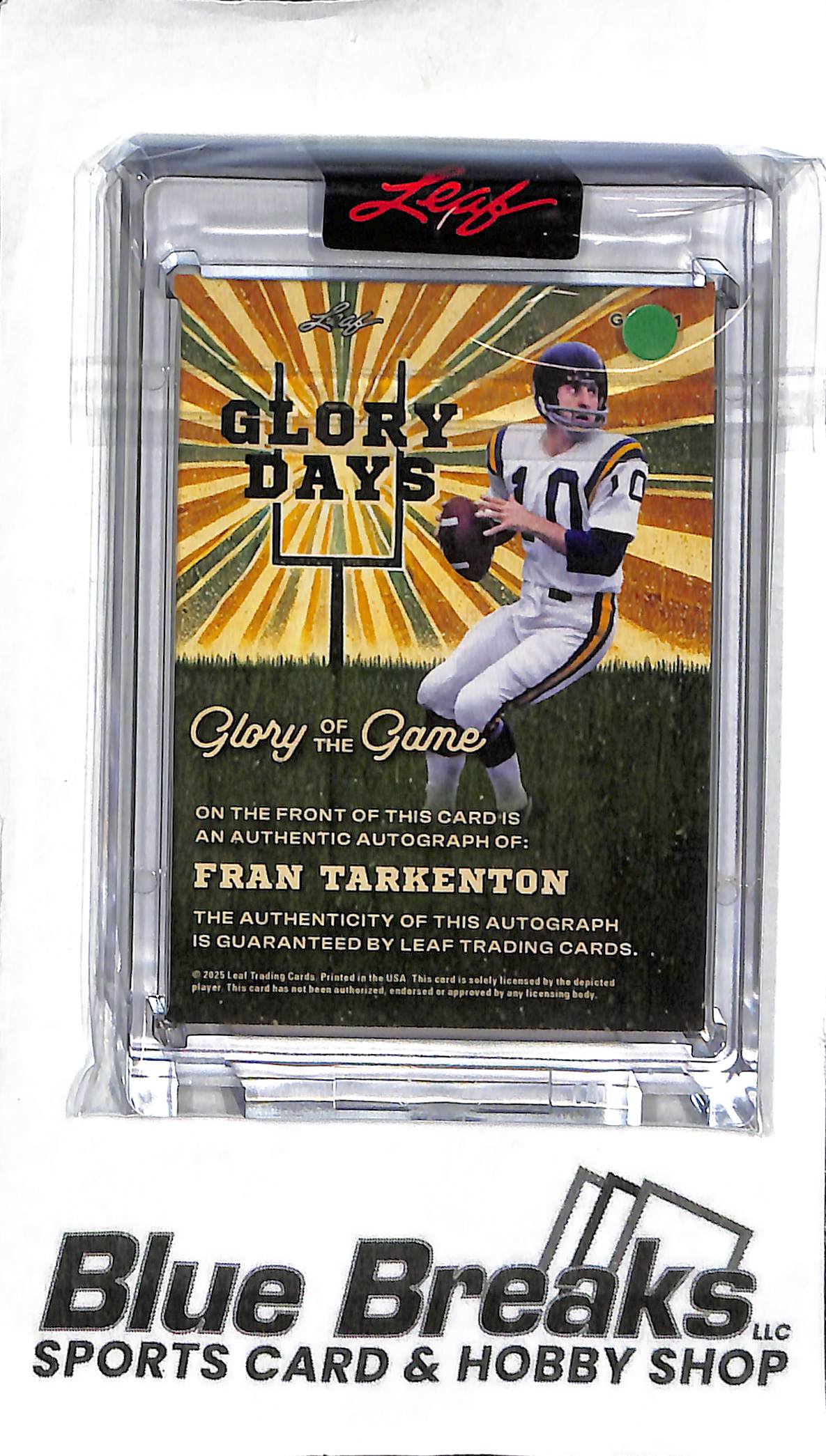 Fran Tarkenton GD-FT1 - 2025 Leaf Glory of the Game - 1/1 One of One Auto - Football - Vikings