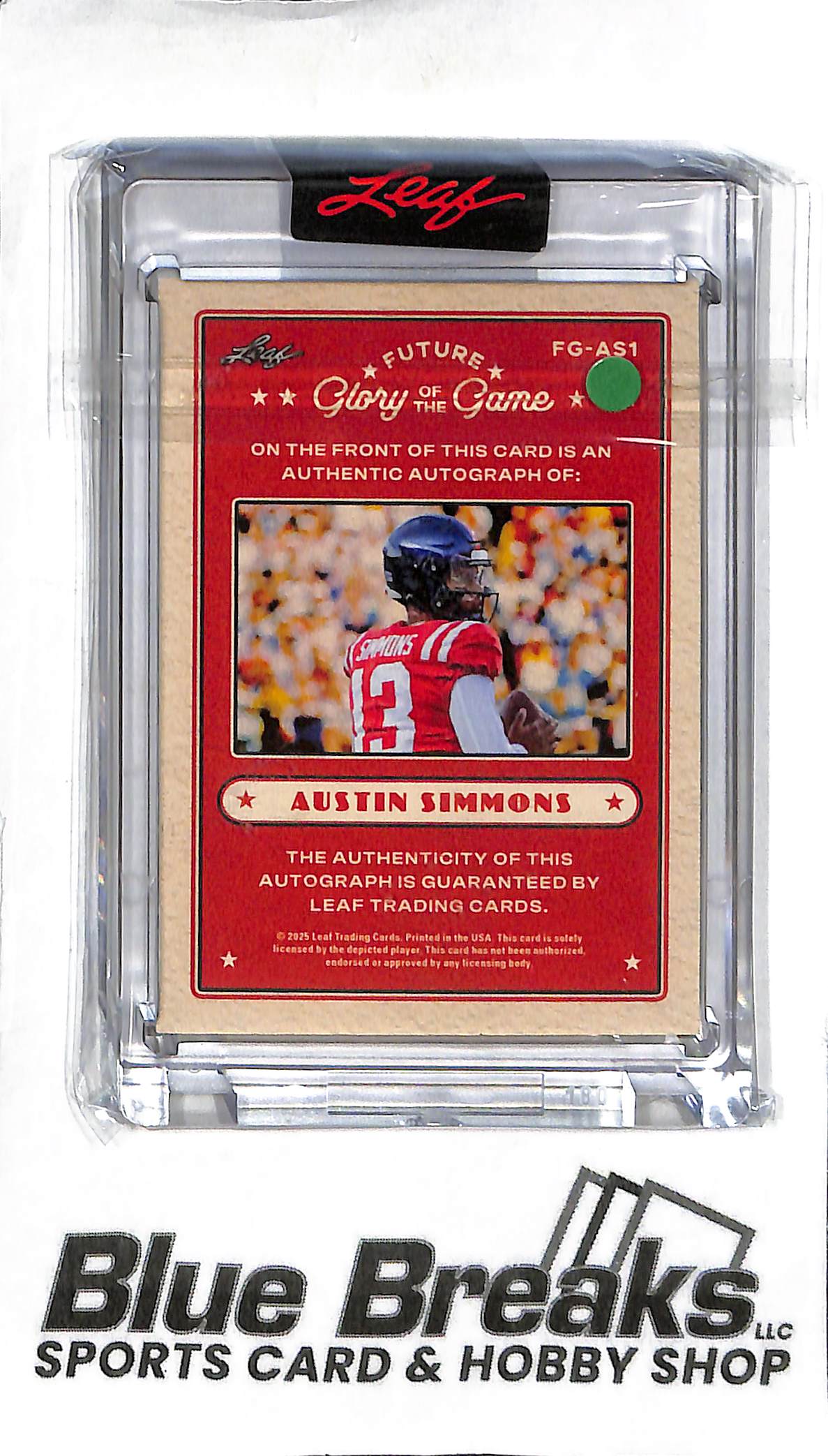 Austin Simmons FG-AS1 - 2024 Leaf Glory of the Game - 1/1 One of One Auto - Prospect - College Football
