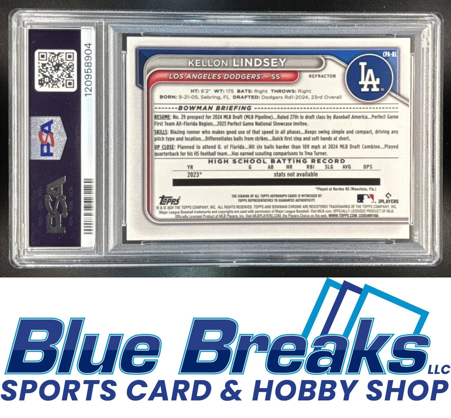 2024 Bowman Draft Kellon Lindsey #CPA-KL Chrome Auto Refractor 331/499 1st Prospect PSA 9 Los Angeles Dodgers