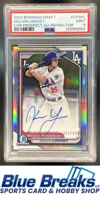 2024 Bowman Draft Kellon Lindsey #CPA-KL Chrome Auto Refractor 331/499 1st Prospect PSA 9 Los Angeles Dodgers