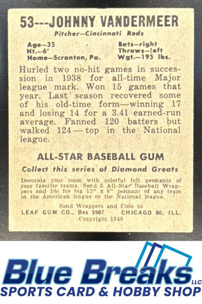 1948 Leaf Johnny Vandermeer #53 Baseball Reds