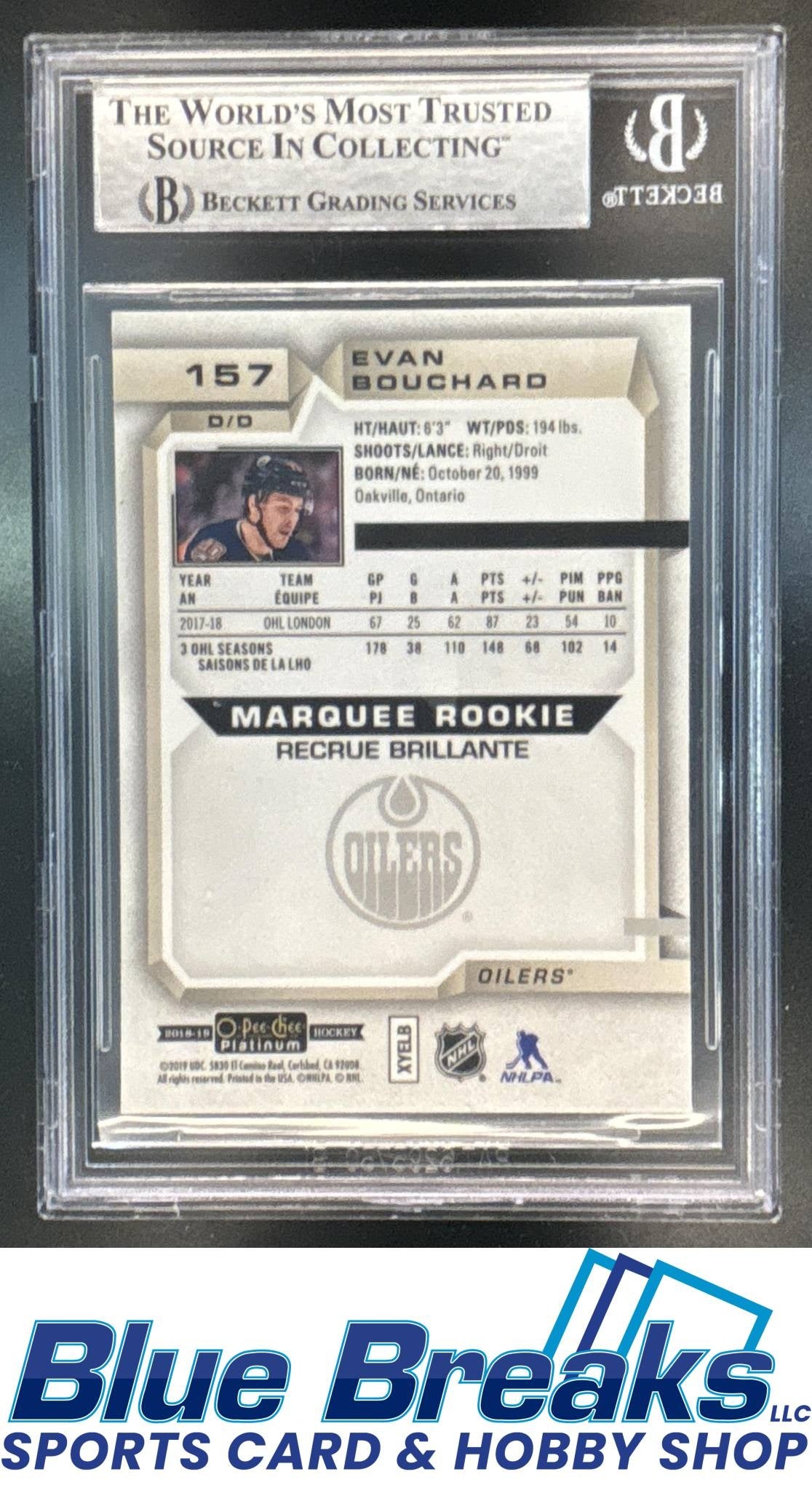2018-19 O-Pee-Chee Platinum Evan Bouchard #157 Beckett Authentic Auto Oilers