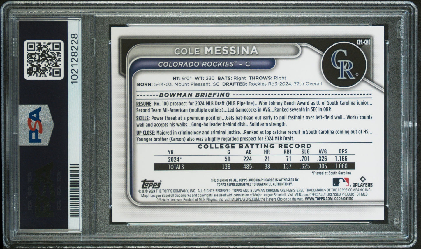2024 Bowman Draft - 1st Bowman - Chrome Prospect - gold refractor - Cole Messina - auto - 42/50 - #CPA-CME - PSA 9 - baseball - Rockies