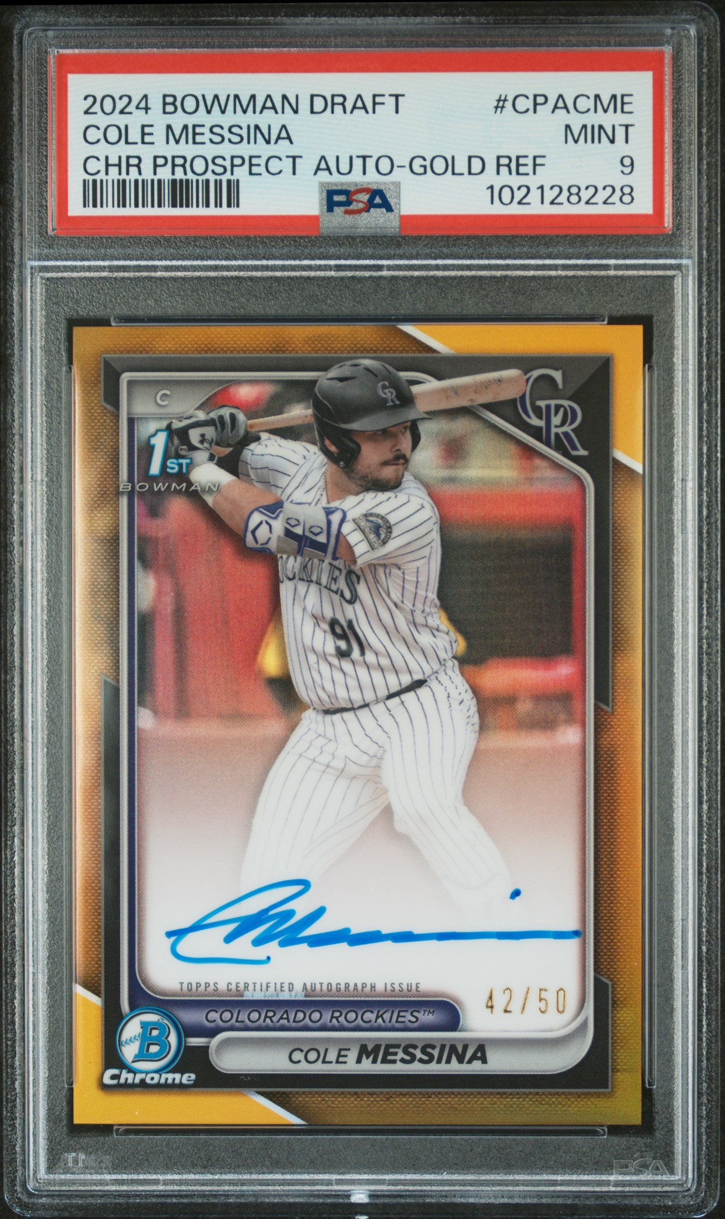 2024 Bowman Draft - 1st Bowman - Chrome Prospect - gold refractor - Cole Messina - auto - 42/50 - #CPA-CME - PSA 9 - baseball - Rockies