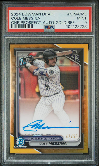 2024 Bowman Draft - 1st Bowman - Chrome Prospect - gold refractor - Cole Messina - auto - 42/50 - #CPA-CME - PSA 9 - baseball - Rockies