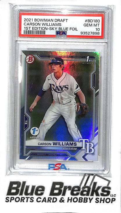 2021 Bowman Draft - 1st Bowman - 1st Edition - Sky Blue Foil - Carson Williams - #BD-180 - PSA 10 - baseball - Rays