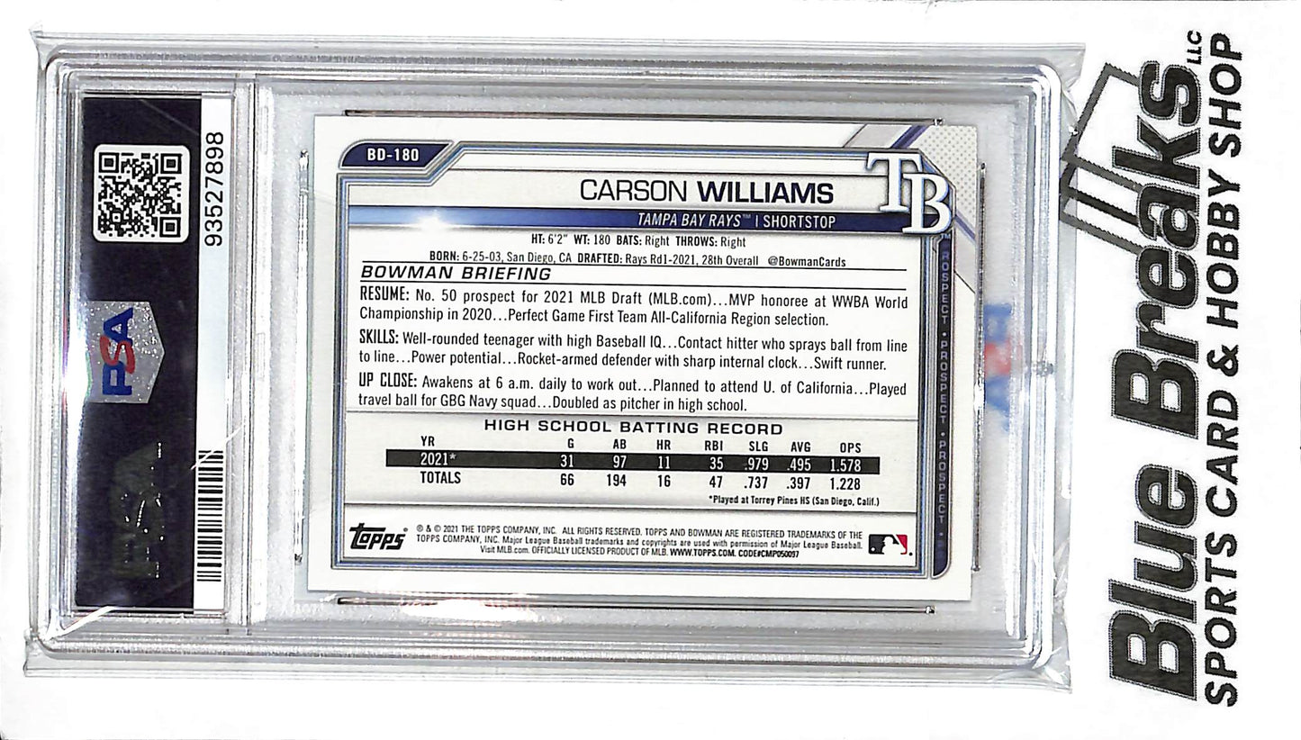 2021 Bowman Draft - 1st Bowman - 1st Edition - Sky Blue Foil - Carson Williams - #BD-180 - PSA 10 - baseball - Rays
