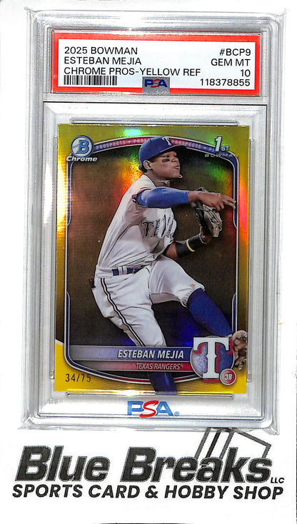 2025 Bowman Chrome - 1st Bowman - Prospect - yellow refractor - Esteban Mejia - 34/75 - #BCP-9 - PSA 10 - baseball - Rangers