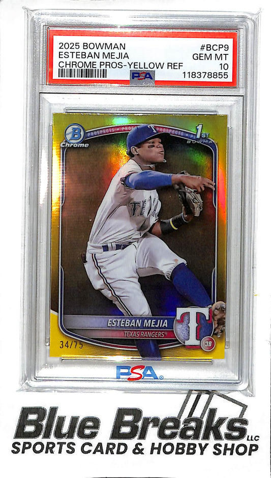 2025 Bowman Chrome - 1st Bowman - Prospect - yellow refractor - Esteban Mejia - 34/75 - #BCP-9 - PSA 10 - baseball - Rangers