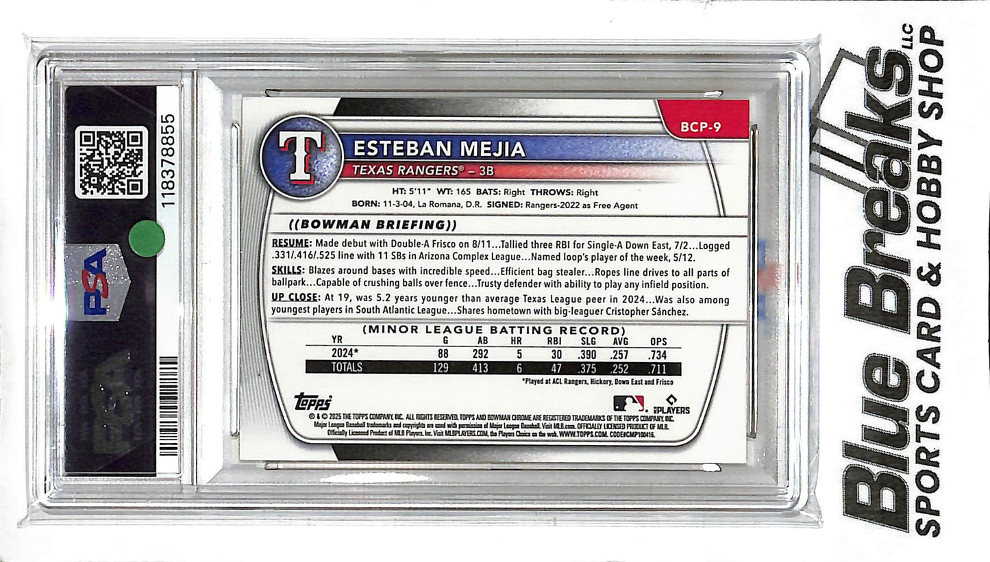 2025 Bowman Chrome - 1st Bowman - Prospect - yellow refractor - Esteban Mejia - 34/75 - #BCP-9 - PSA 10 - baseball - Rangers
