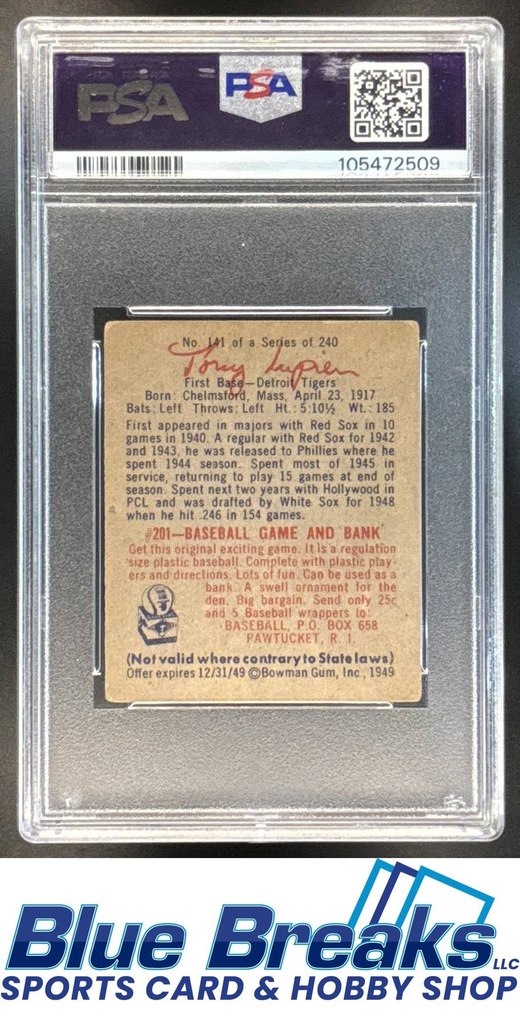 1949 Bowman Ulysses Lupien [RC] #141 RC PSA 2 Tigers