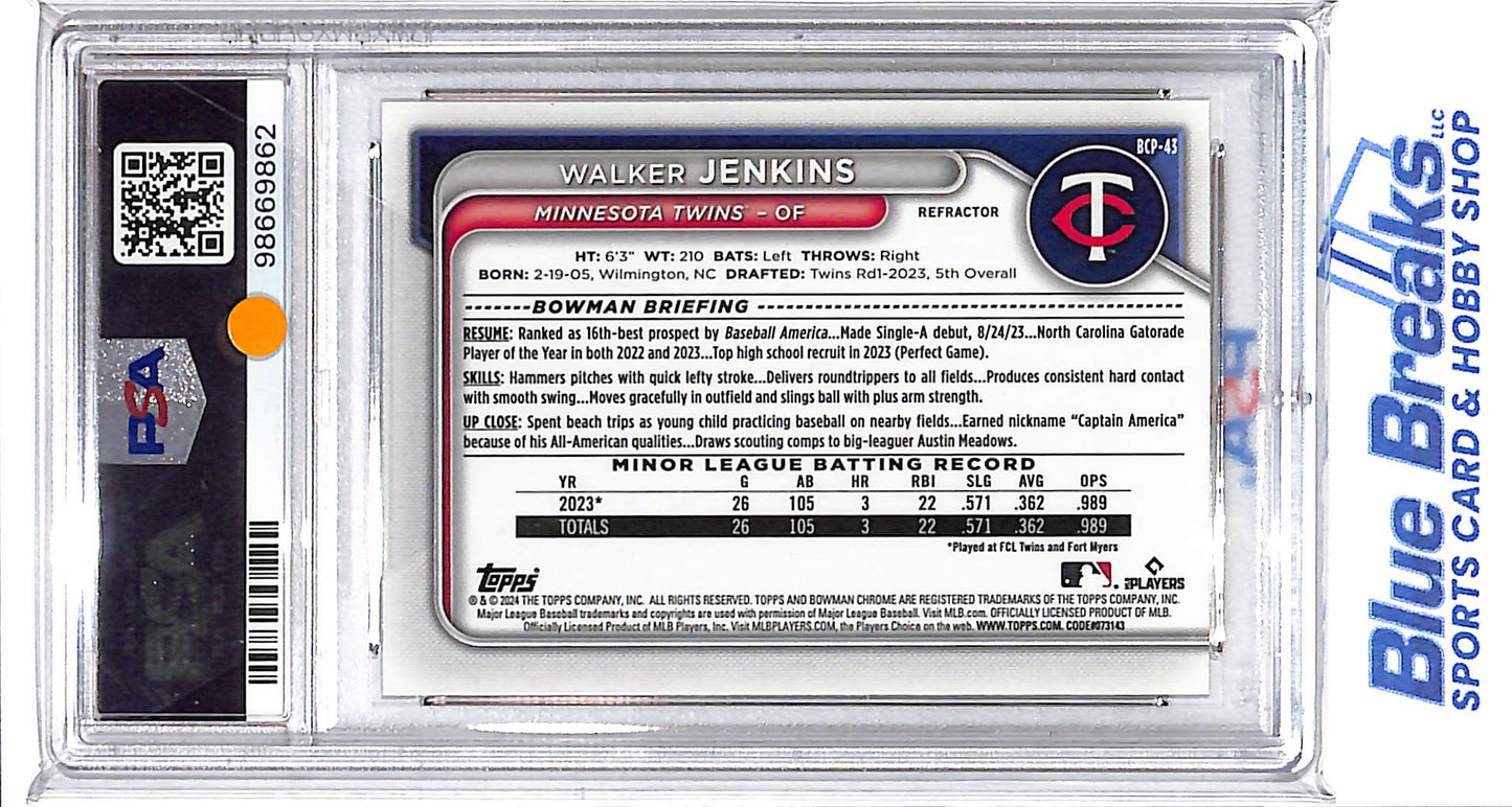 2024 Bowman Chrome - 1st Bowman - Prospects - Refractor - Walker Jenkins - 256/499 - #BCP-43 - PSA 9 - baseball - Twins