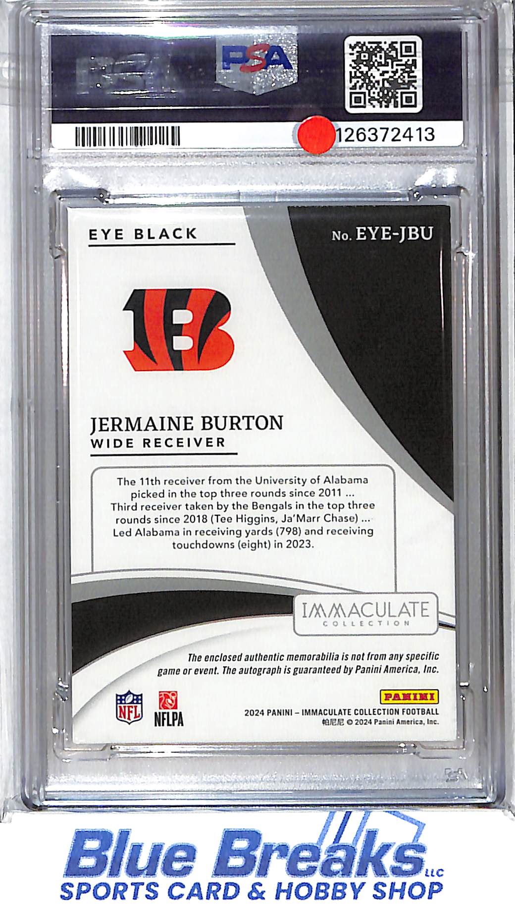 2024 Panini Immaculate - Rookie Eye Black Jersey Auto - Jermaine Burton - 67/99 - RC - #EYE-JBU - PSA 9 - football - Bengals
