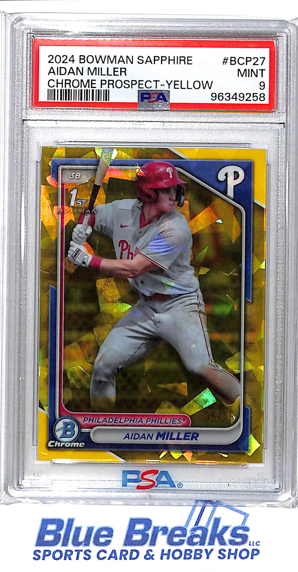 2024 Bowman Chrome Sapphire - 1st Bowman - Prospect - Yellow - Aidan Miller - 05/75 - #BCP-27 - PSA 9 - baseball - Phillies