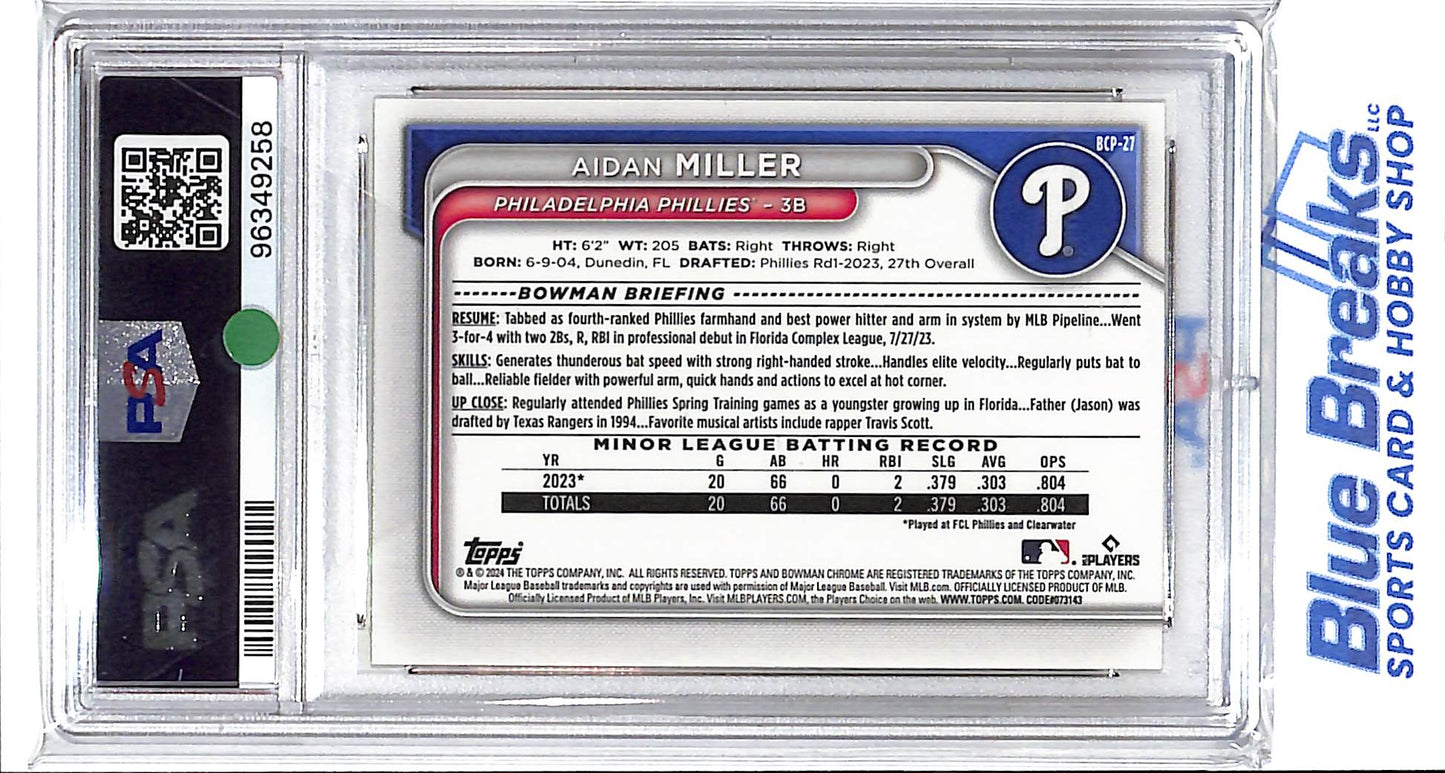 2024 Bowman Chrome Sapphire - 1st Bowman - Prospect - Yellow - Aidan Miller - 05/75 - #BCP-27 - PSA 9 - baseball - Phillies